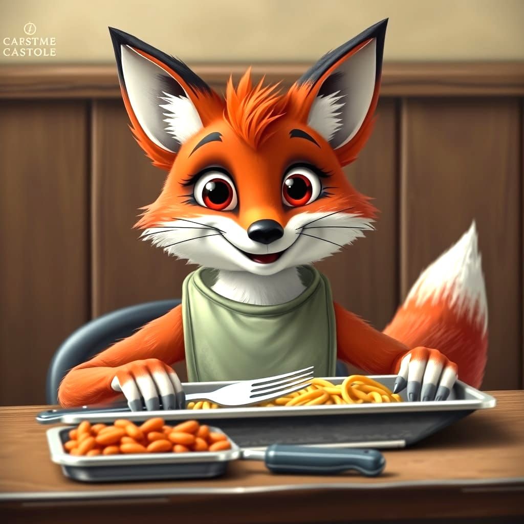 Whimsical Red Fox Awaits Dinner in Formal Attire