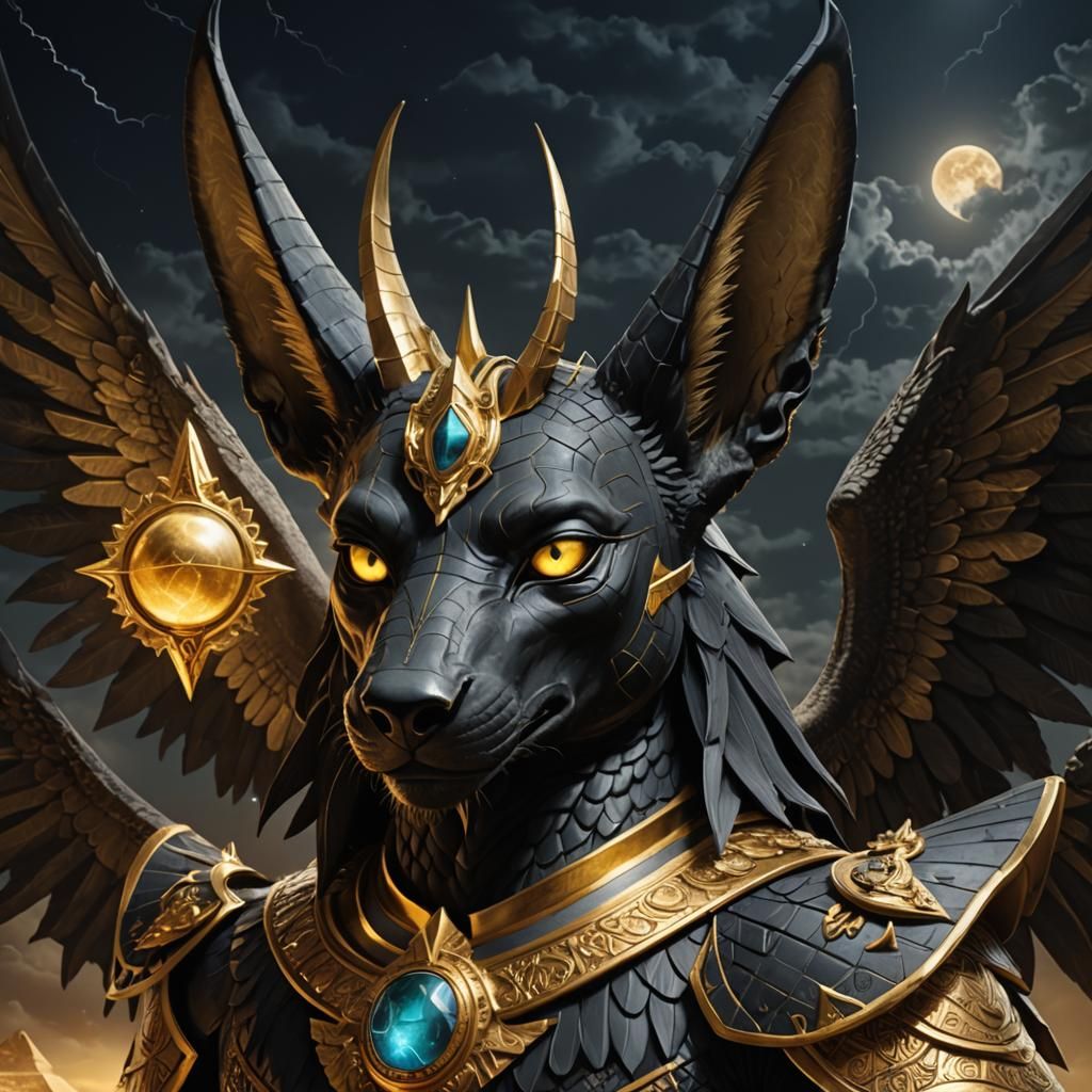 Anubis with Dragon Wings in Gothic Setting