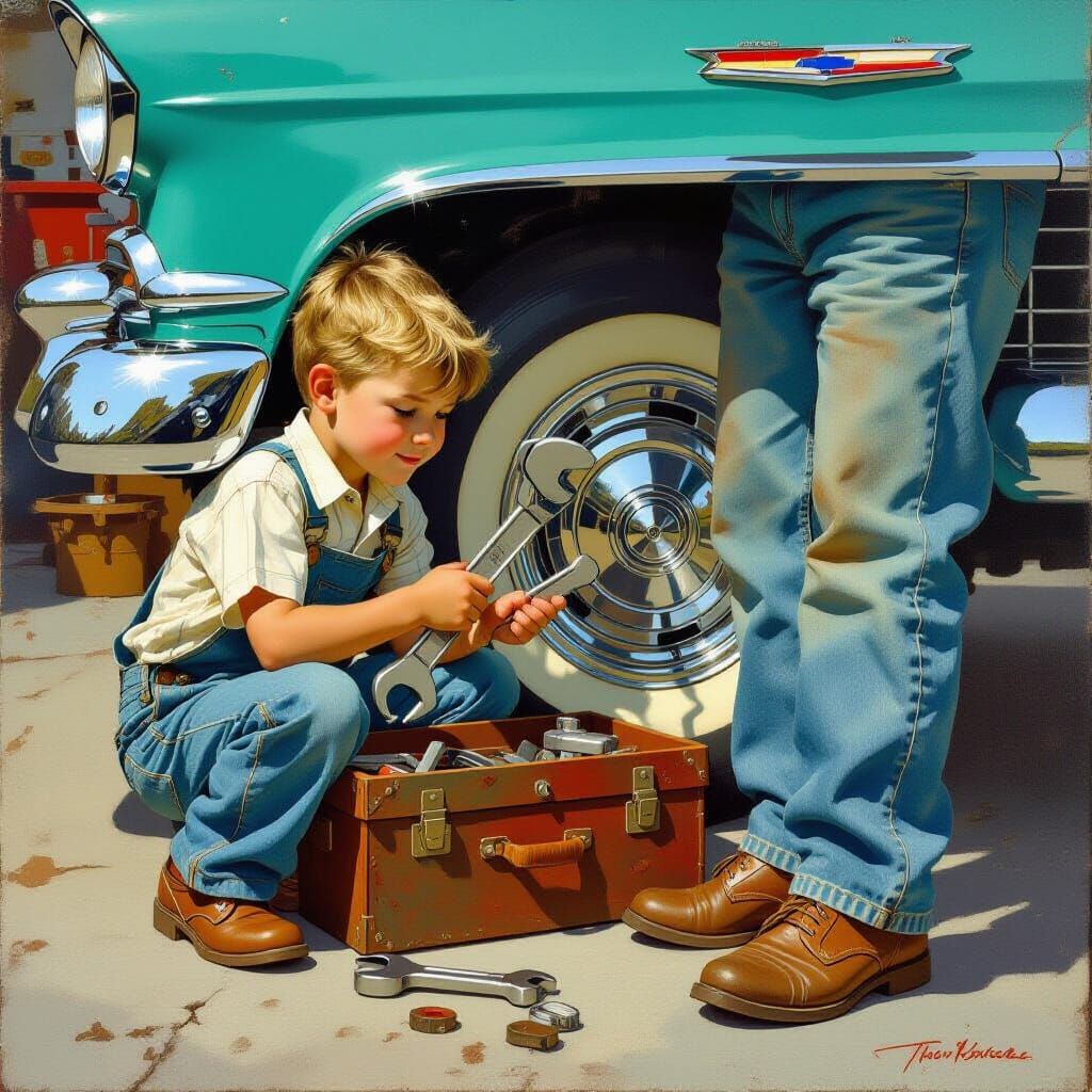 Boy Mechanic and Classic Chevy, Rockwell Style