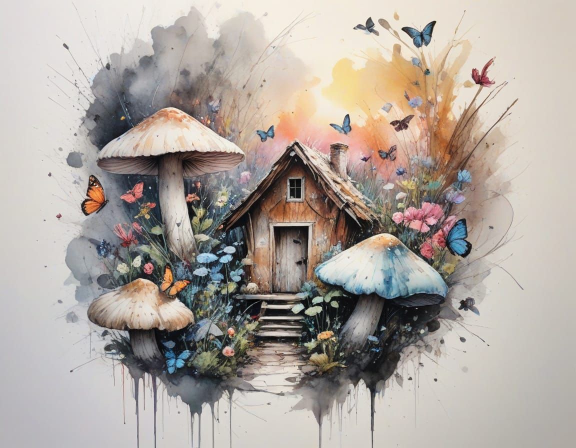Fairytale Mushroom House with Butterflies and Wildflowers