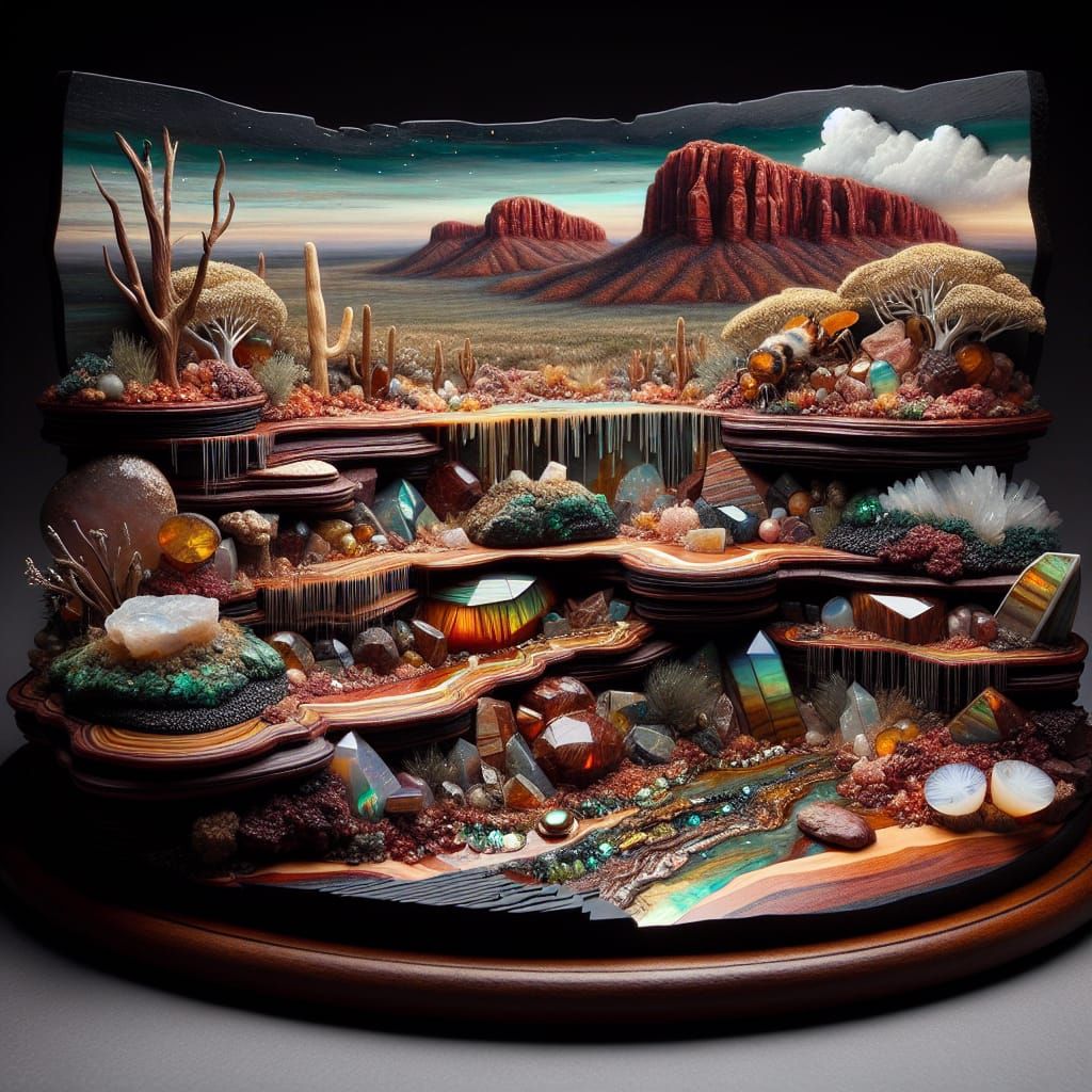 Outback Landscape Diorama Crafted from Gemstones