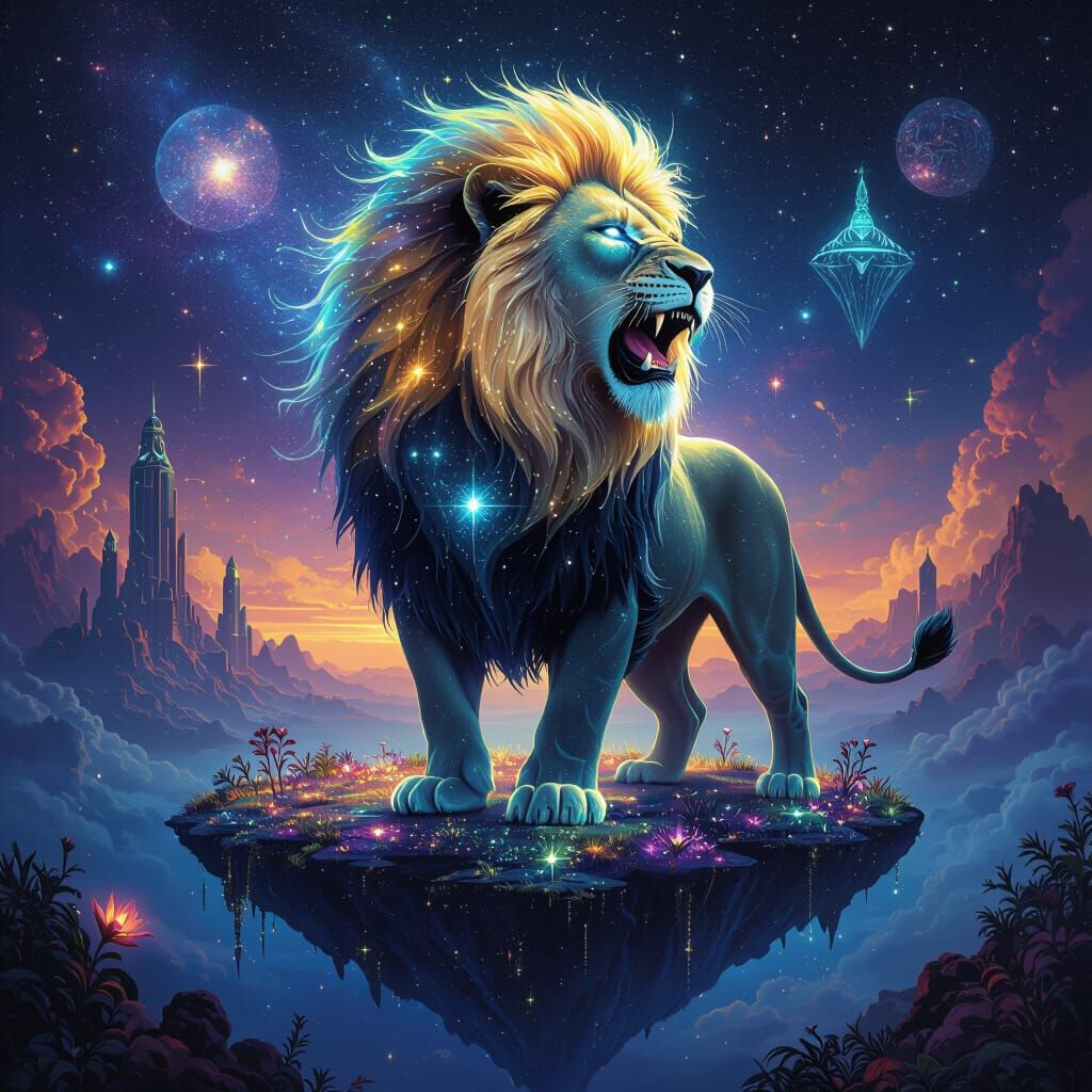 Bioluminescent Starlight Lion Roaring in Nebula