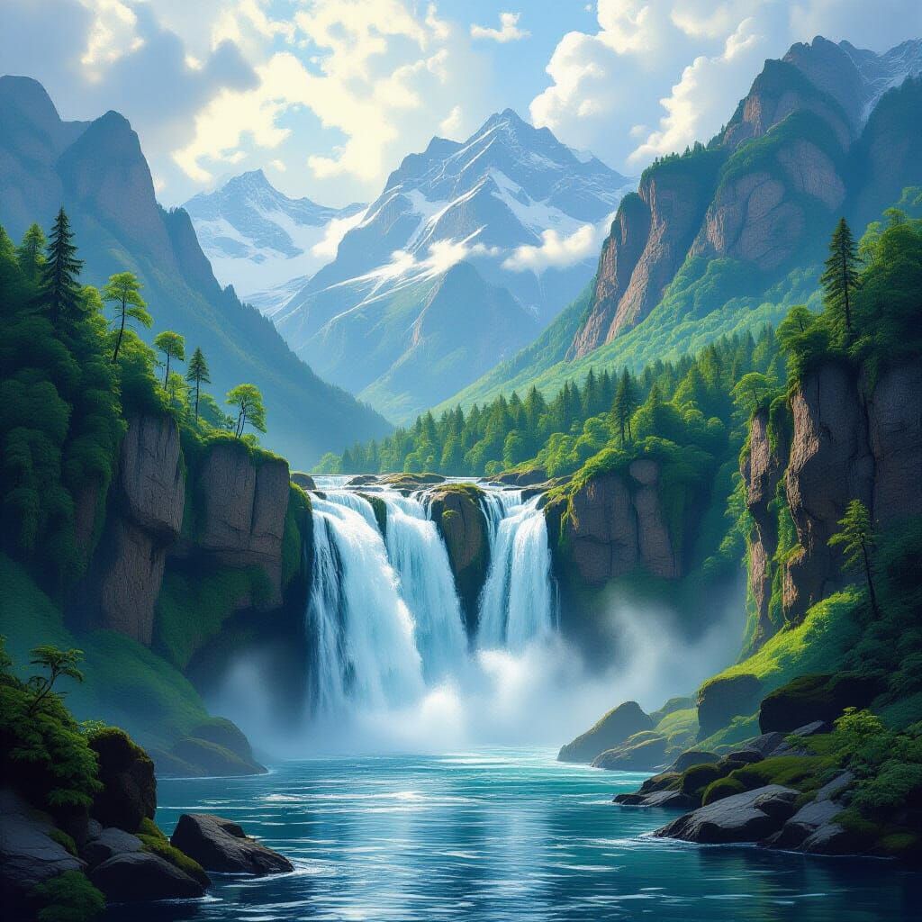 Majestic Waterfall Landscape in Classical Style