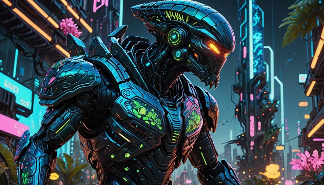 Alien Warrior in Neon Greeble Armor: 3D Digital Art