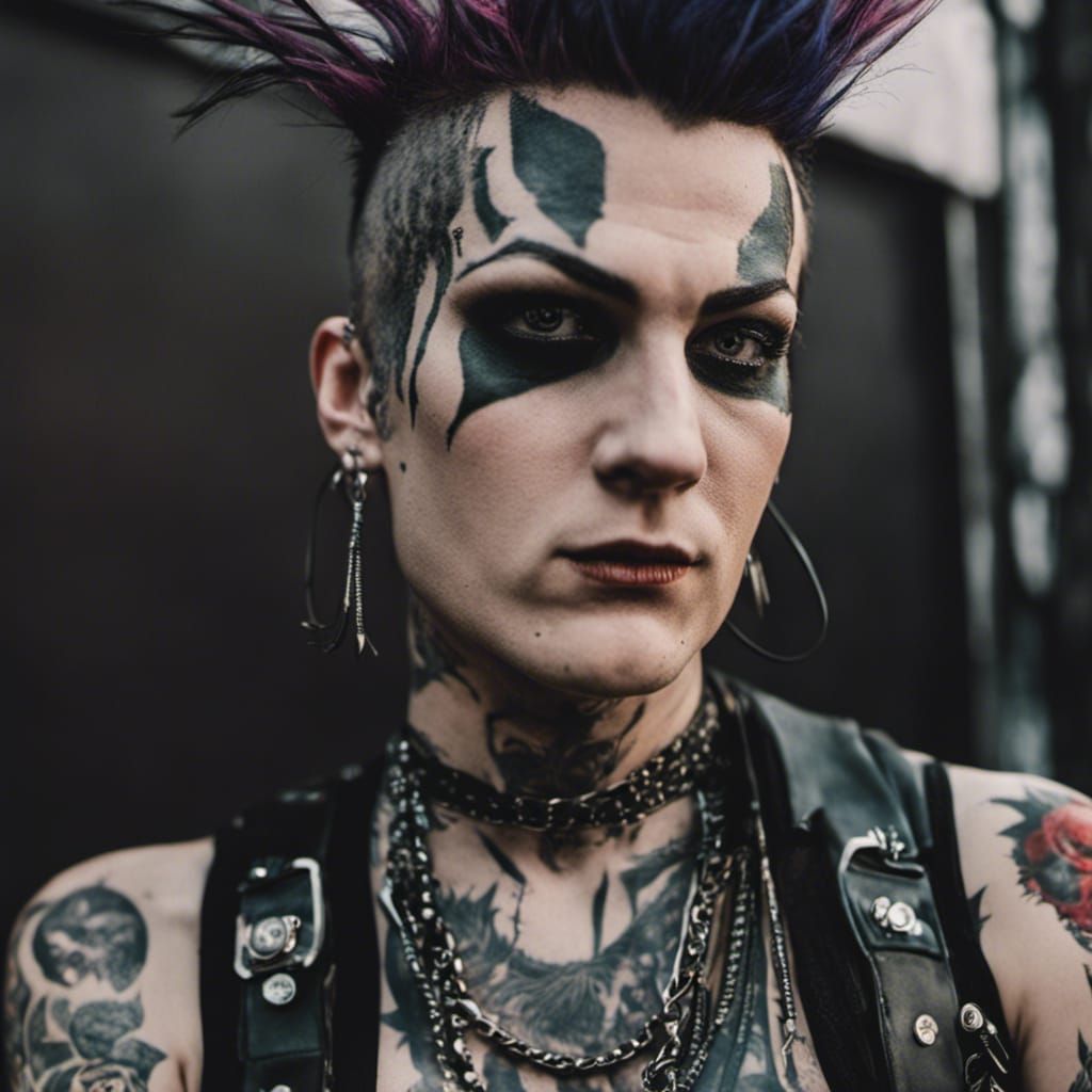 A close up of a punk rocker with facial piercings, tattoos, horror punk