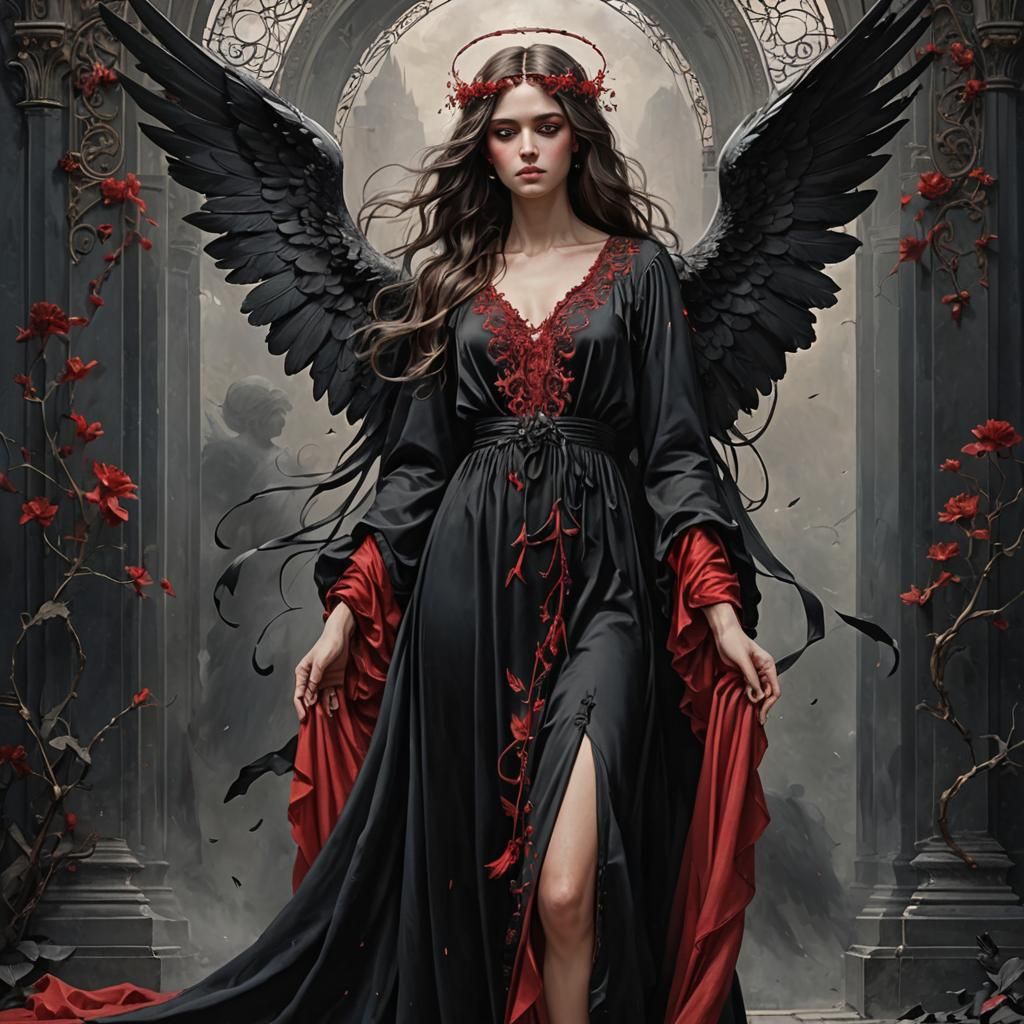 Angel of Sorrow in Black and Red Nightgown