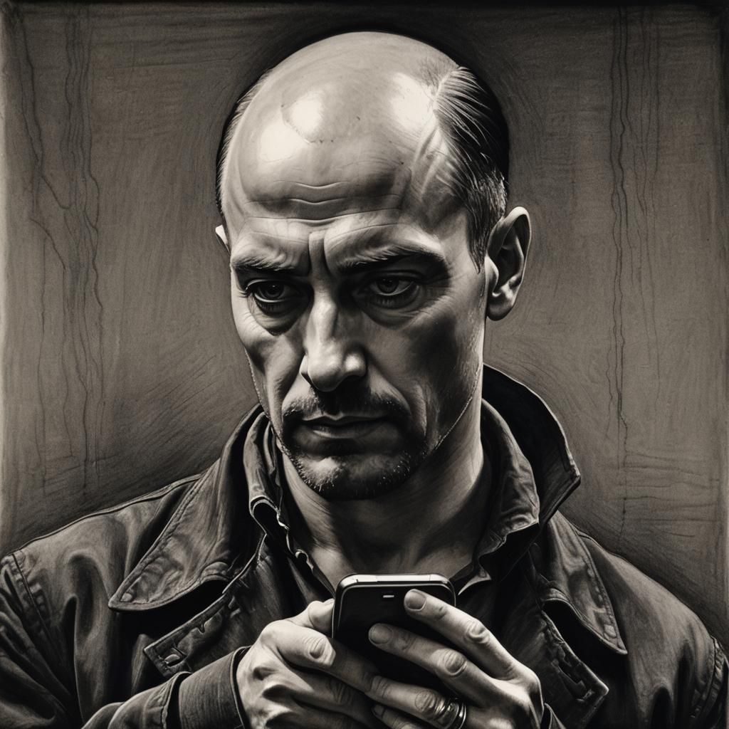 Skinhead Sending Love Message: Charcoal Portrait