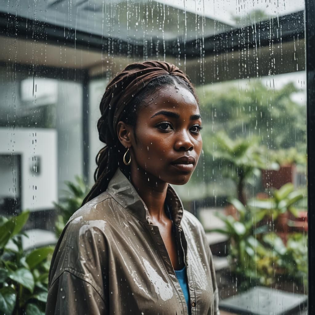 African Woman Gazing Through Window on Rainy Day