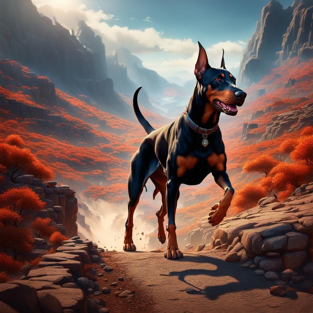 Doberman Runs Wildfire: Detailed Digital Painting