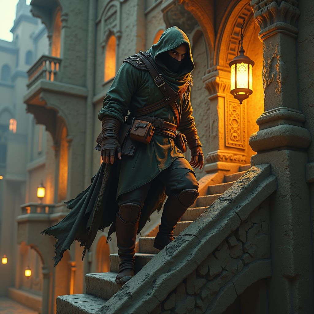 Thief Ascending Gothic Building in Ornate Digital Art