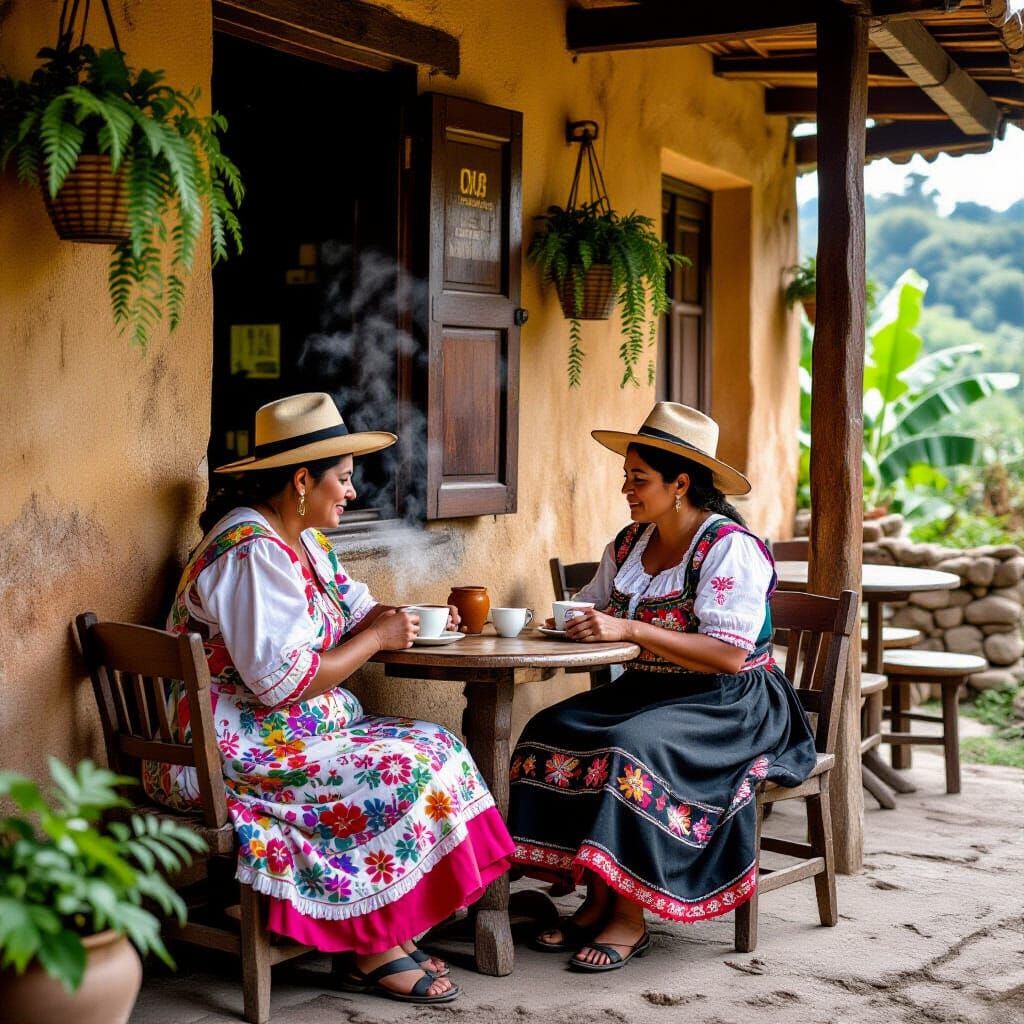 Campesinos Share Coffee: Rural Colombia in Botero Style