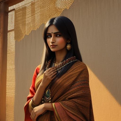 Earthy Portrait of Woman in Sari, Indian Art