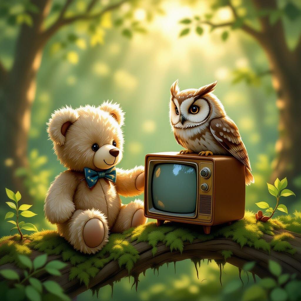 Whimsical Bear Gifts Owl a Vintage TV in Forest