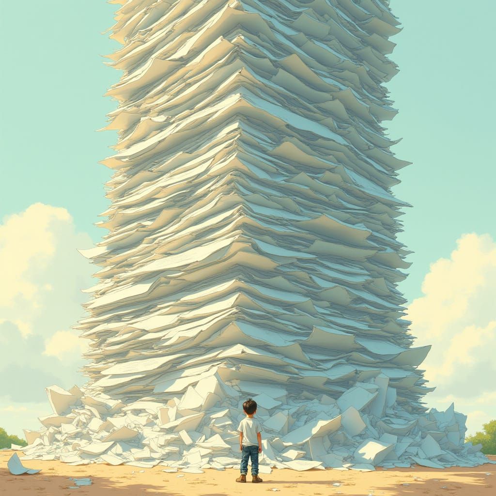 Boy and Paper Skyscraper in Animated Style