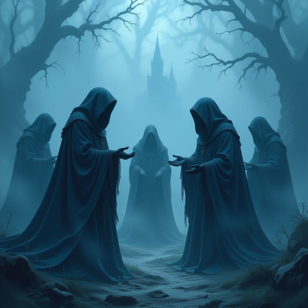 Ethereal Spectres in Misty Swamp, a Gothic Horror Scene