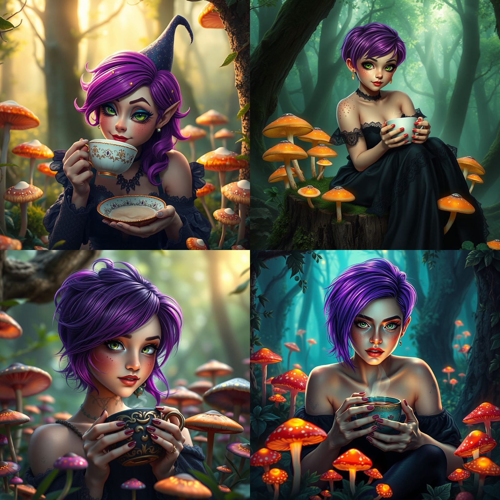 Enchanting Witch Coffee Break in Forest, Matte Painting