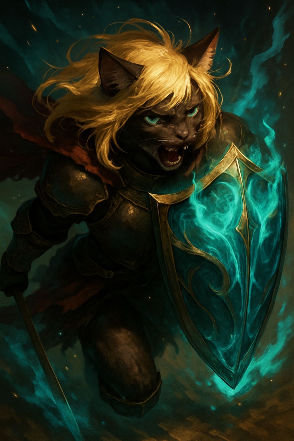 Surreal Anime Cat Knight Unleashes Magic Fury