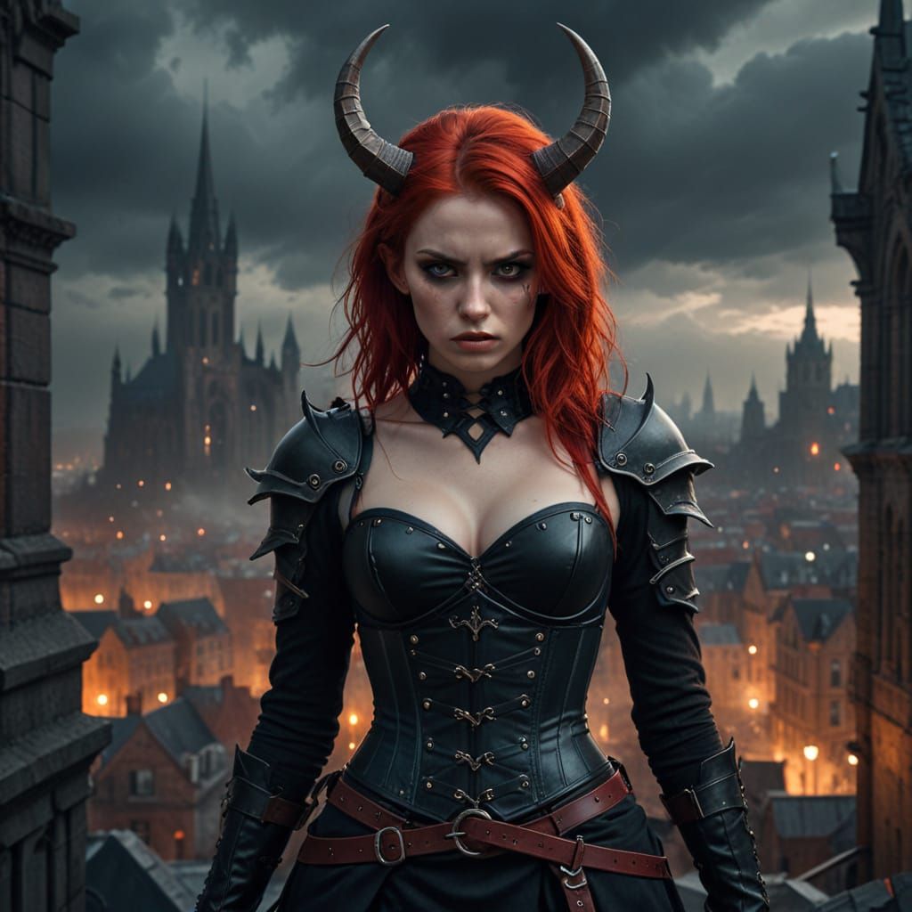 Dark Fantasy Maiden Wields Sword in Gothic City