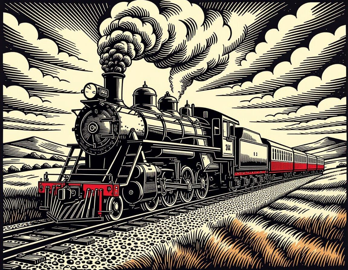 Detailed Lino Print of a Vintage Steam Engine