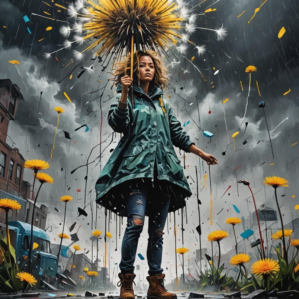Powerful Woman Holds Dandelion in Graffiti Art Storm