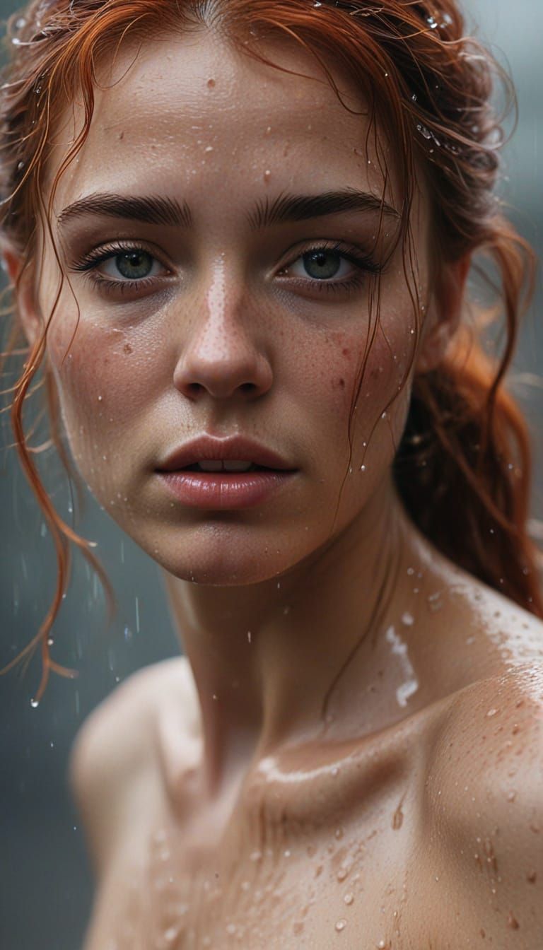 Sensual Redheaded Woman in Rainy Portrait