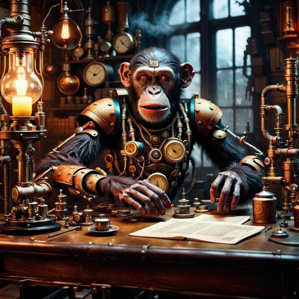 Steampunk Robot Chimp Conjuring Spell in Alchemist Lab