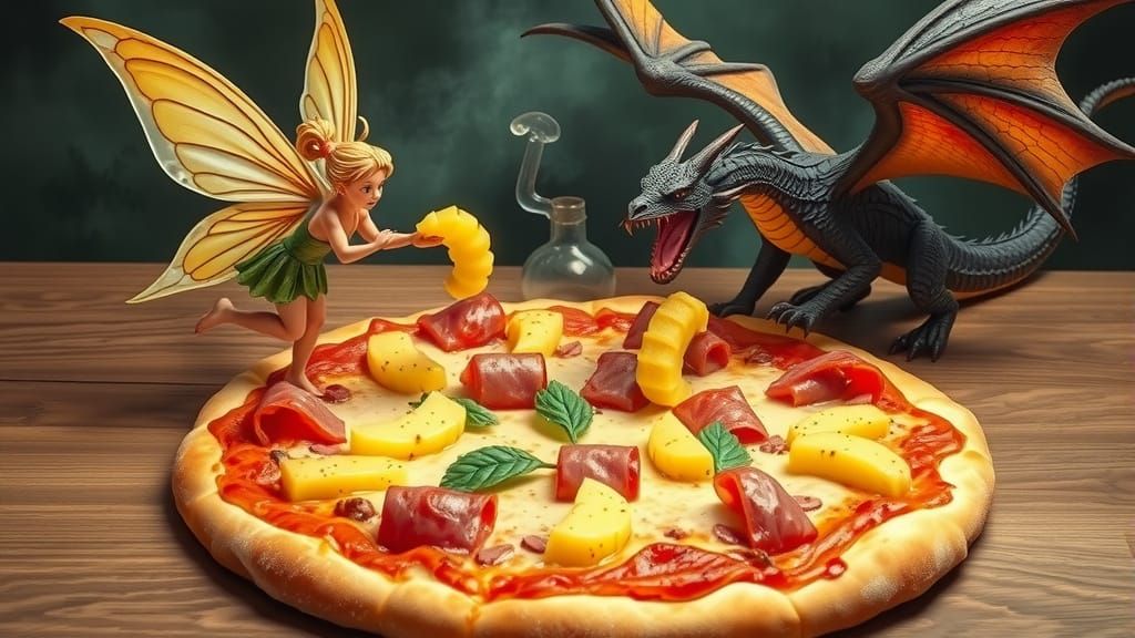Fairies and Dragons Enjoying Pineapple Pizza