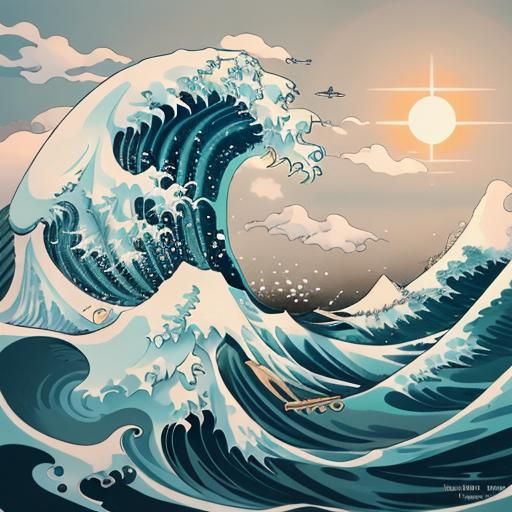 Paper Sea Turtle Surfing a Wave, Japanese Art