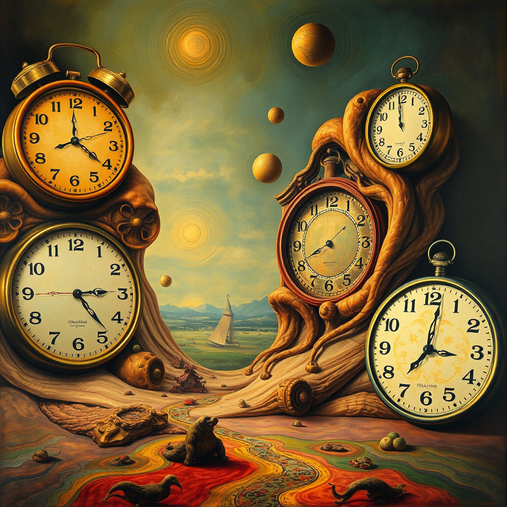 Surreal Melting Clocks in Dreamlike Landscape