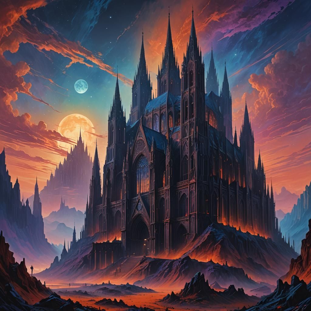 Gothic Cathedral on Alien Planet in Beksiński Style