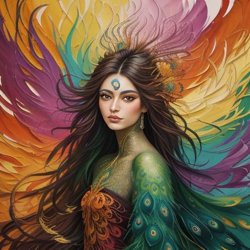 Dragon Peacock Woman in Abstract Expressionist Style