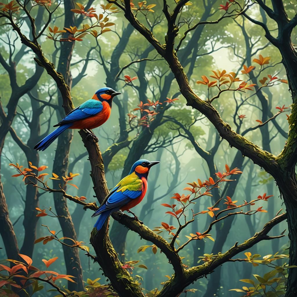 Colorful Bird in Forest Tree: Fantasy Concept Art