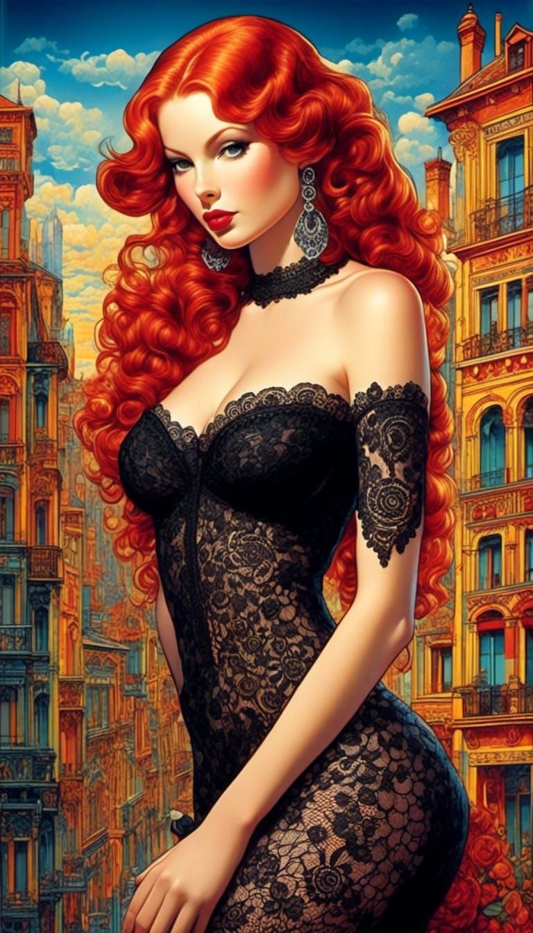 Redhead in Lace: Art Deco Zentangle Portrait