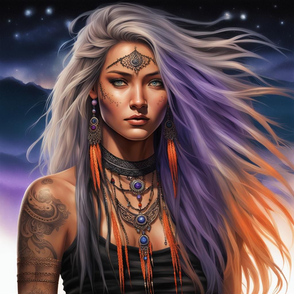 Native American Woman with Northern Lights, Photorealistic