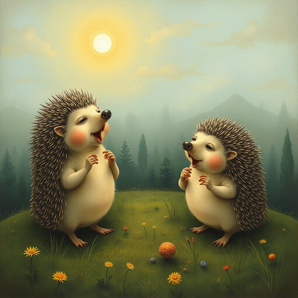 Whimsical Hedgehogs Sing in Misty Fields