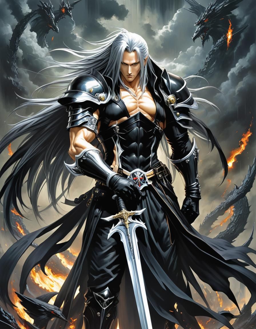 Surreal Sephiroth with Sword: Oil Painting