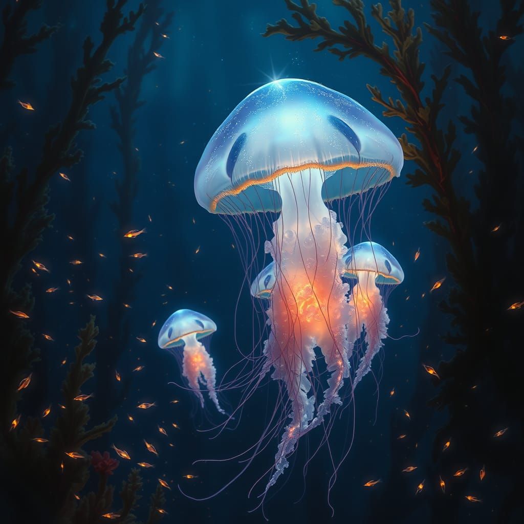 A bioluminescent jellyfish family drifts serenely through a ...