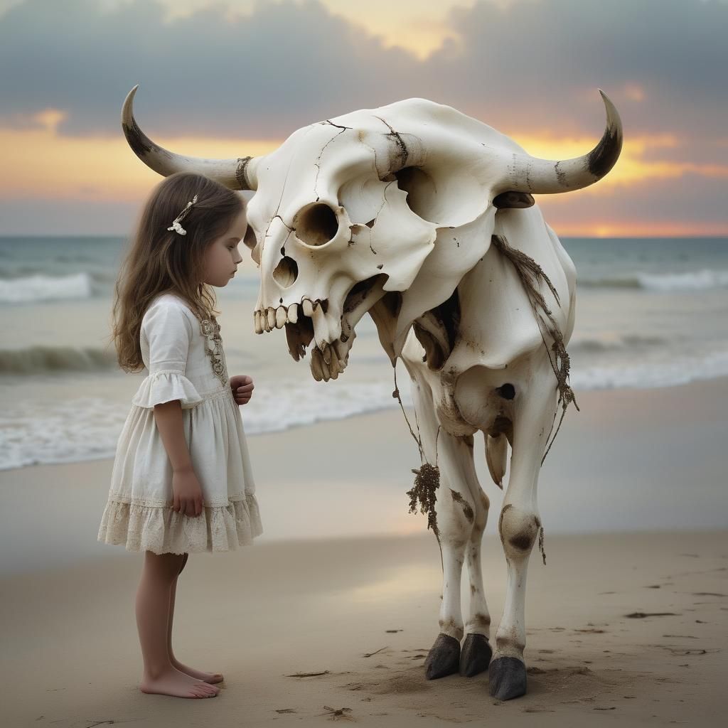Girl with Cow Skull on Beach at Sunset