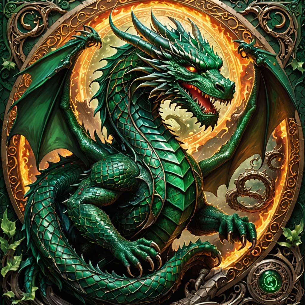 Majestic Dragon Coils Around Sign, Dark Fantasy Art