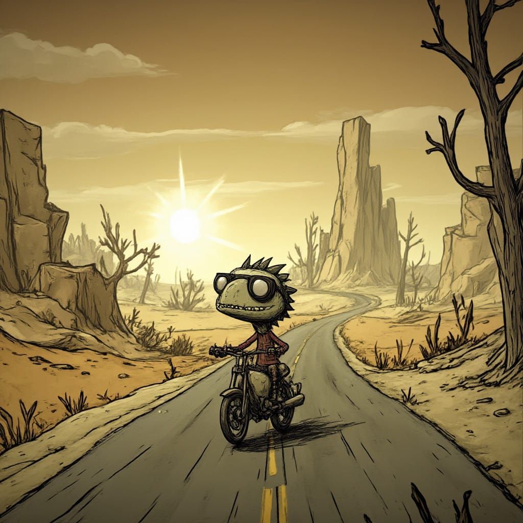 Dinosaur in Retro-Futuristic Desert Landscape