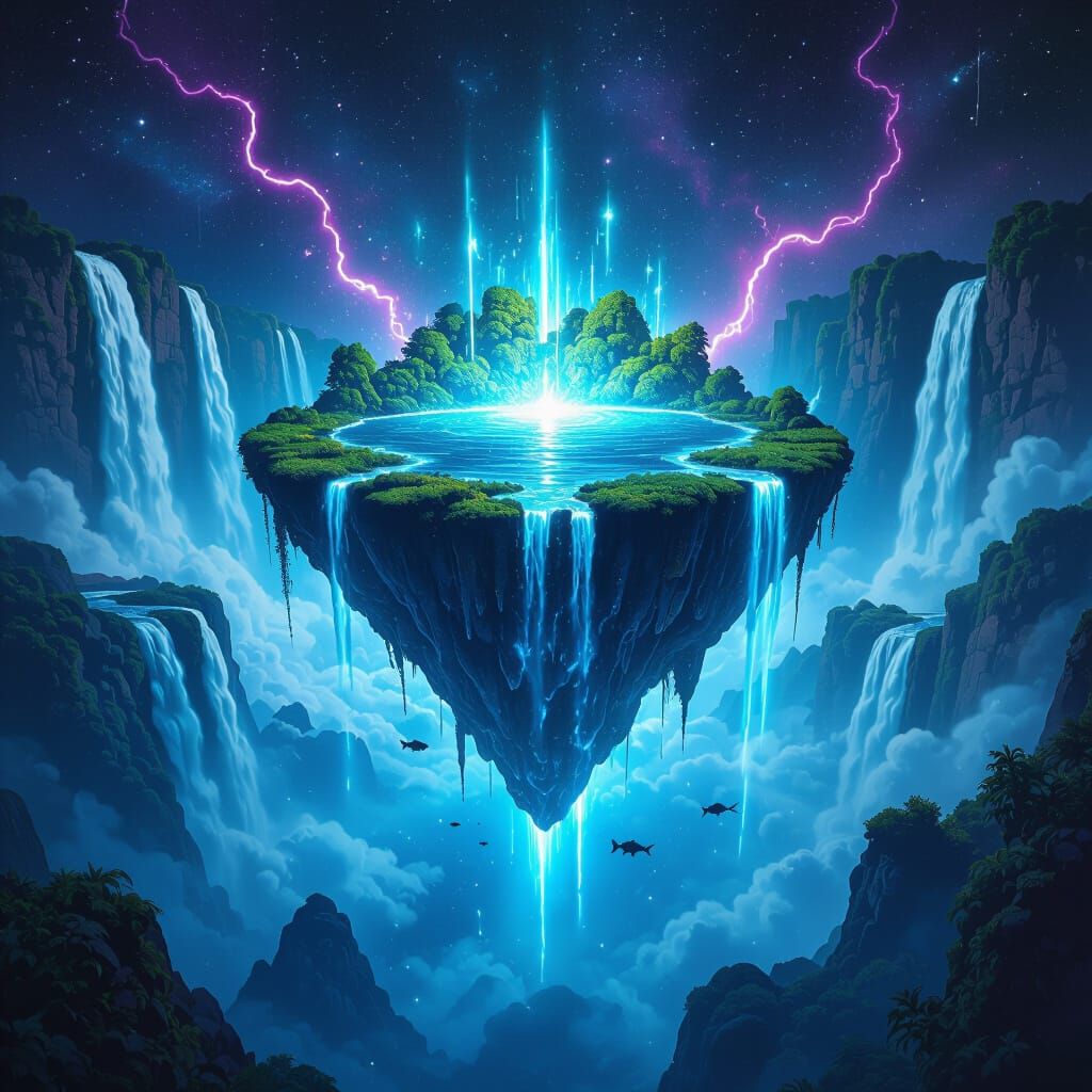 Surreal Floating Island in Space with Neon Waterfalls