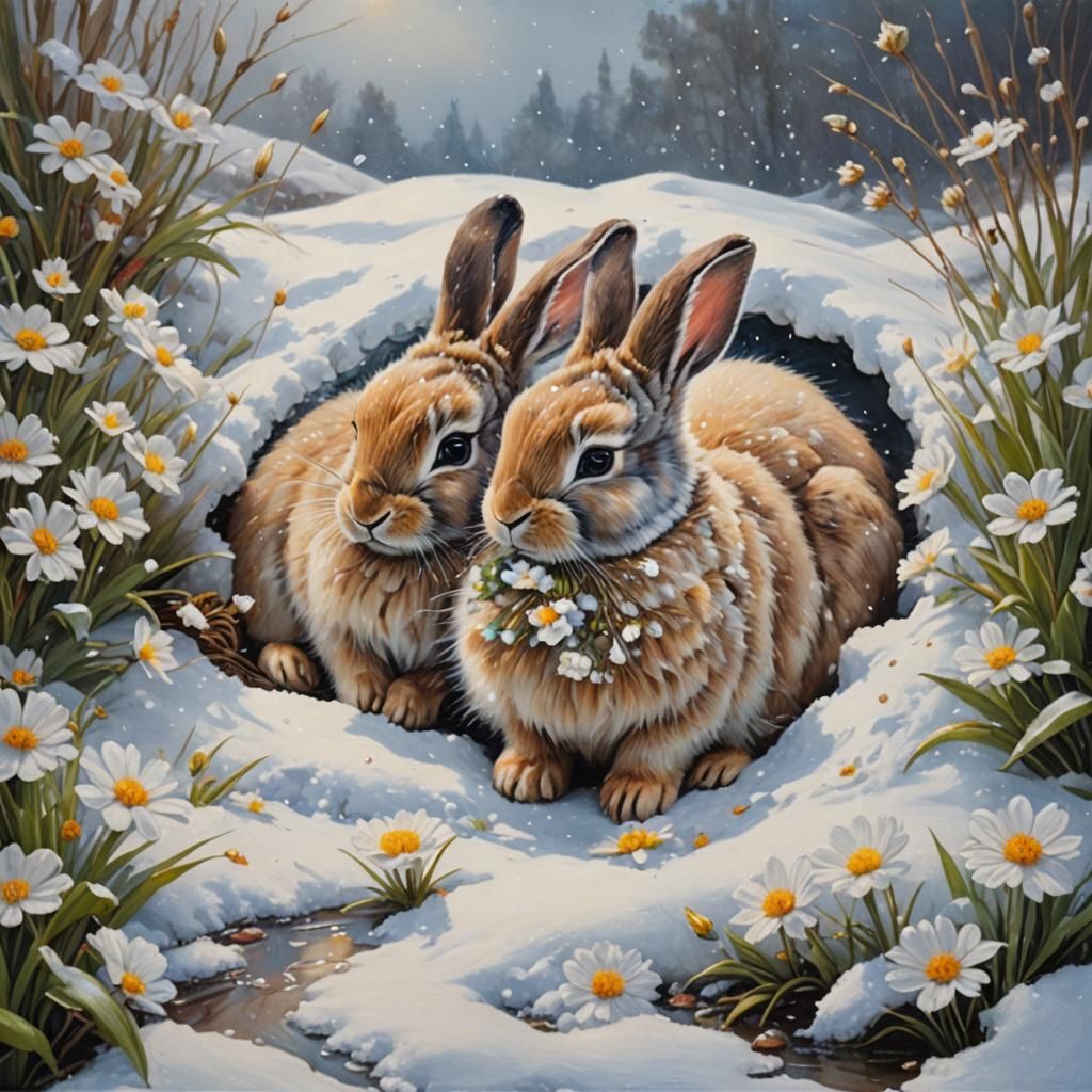 Sleeping Bunnies in Winter: A Fantasy Oil Painting