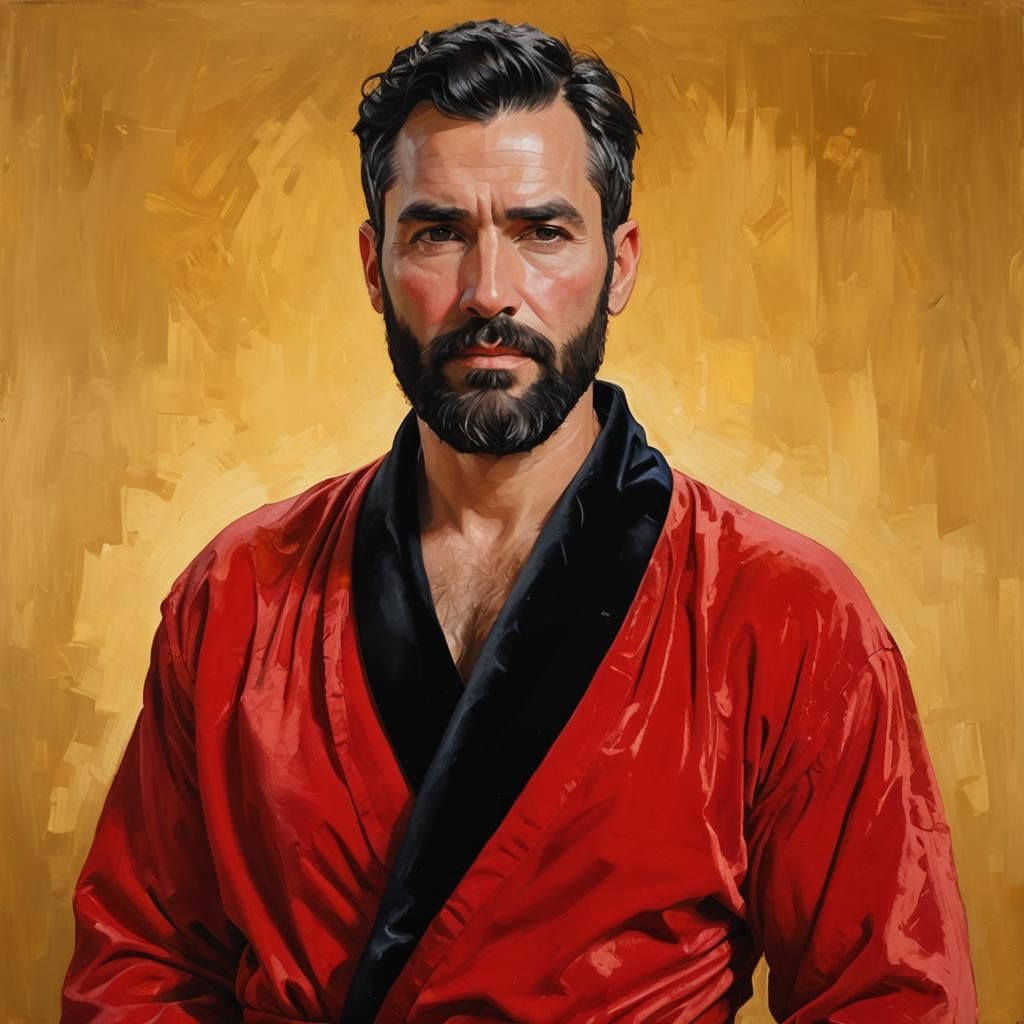 Bearded Man in Red Bathrobe: Impressionist Oil Painting