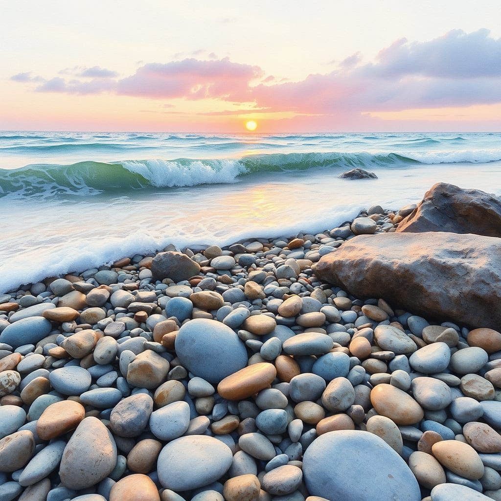 Impressionistic Beach Scene with Smooth Stones and Warm Suns...