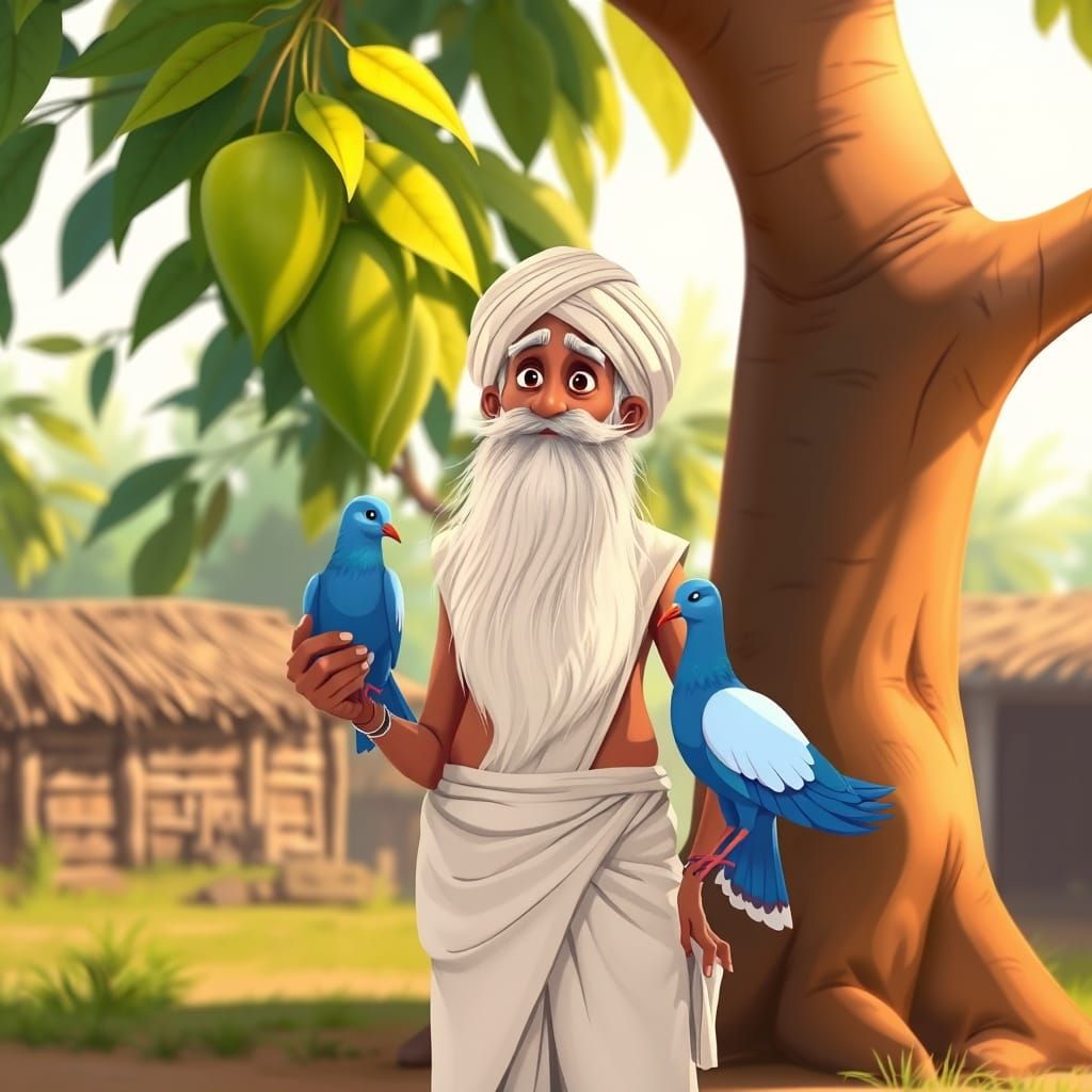 Pixar-Style Old Indian Farmer with Blue Pigeon