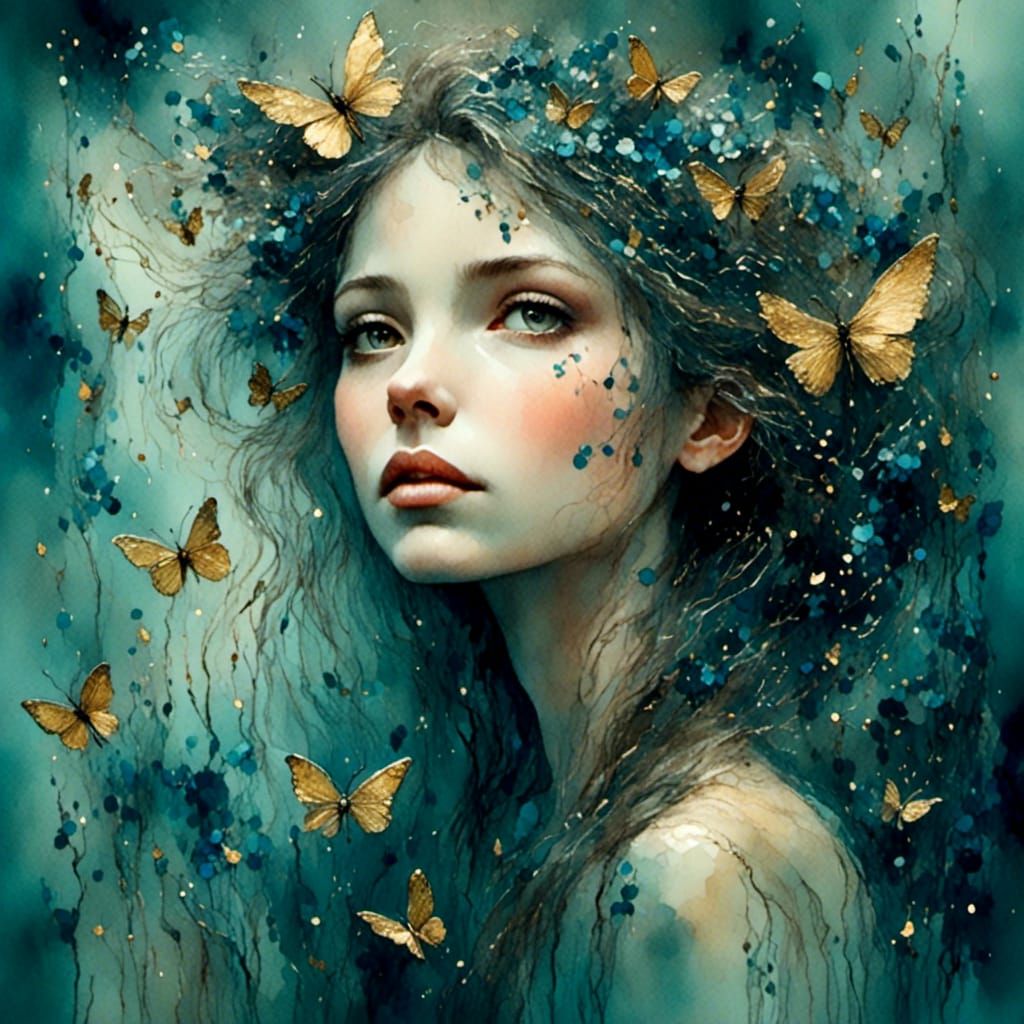 Dreamy Surreal Portrait with Moths and Fireflies