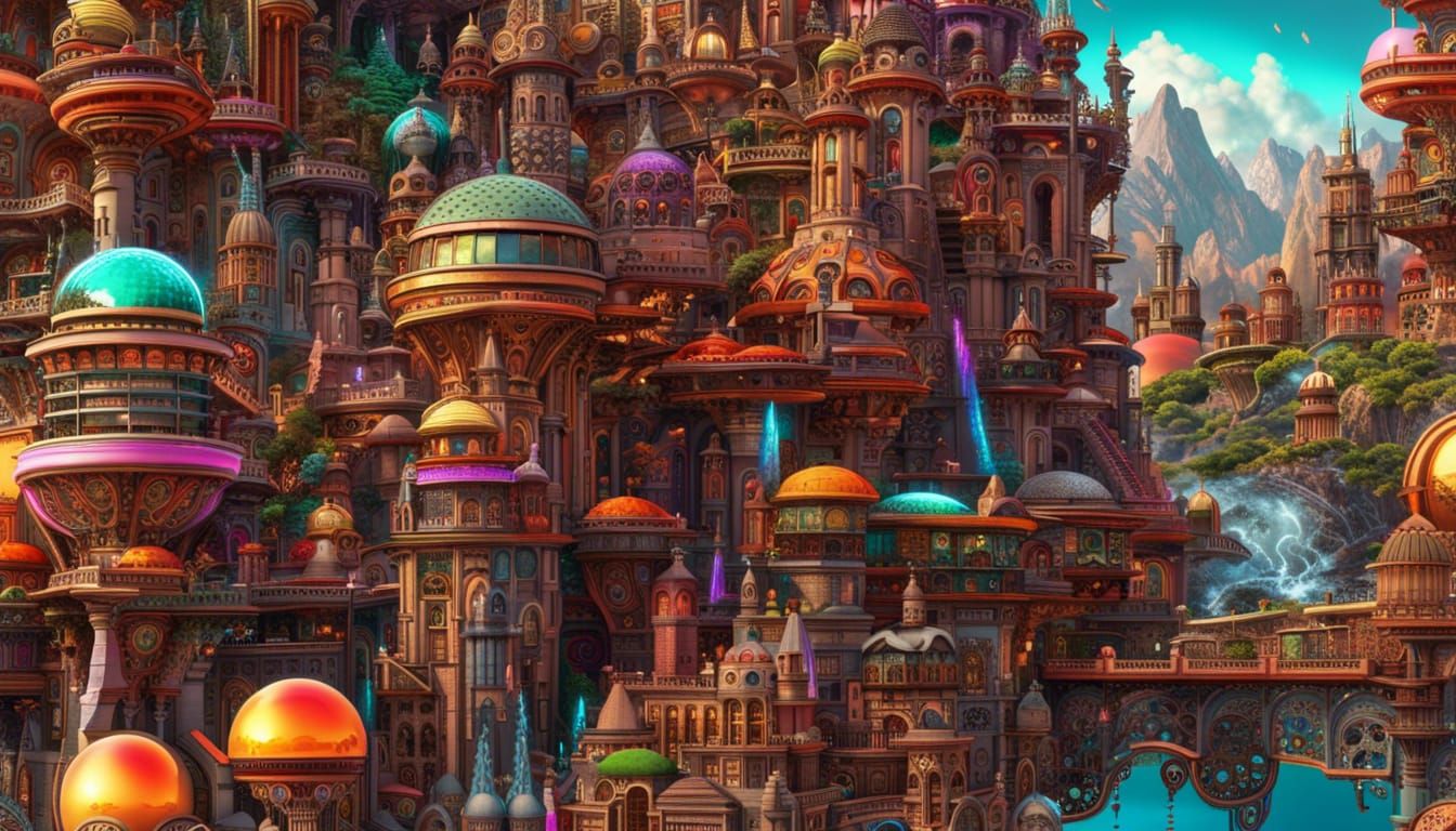 Steampunk City on Tropical Planet in Photorealistic Style
