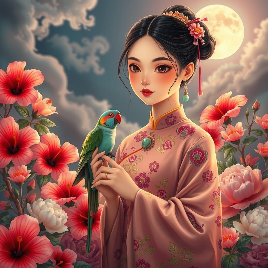 Girl with Parrot in Floral Scene, Holographic Illustration