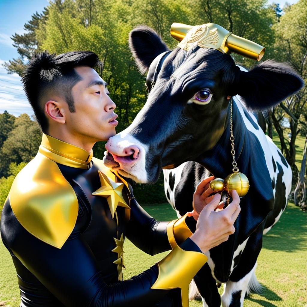 Harry Kim kissing a holographic cow
