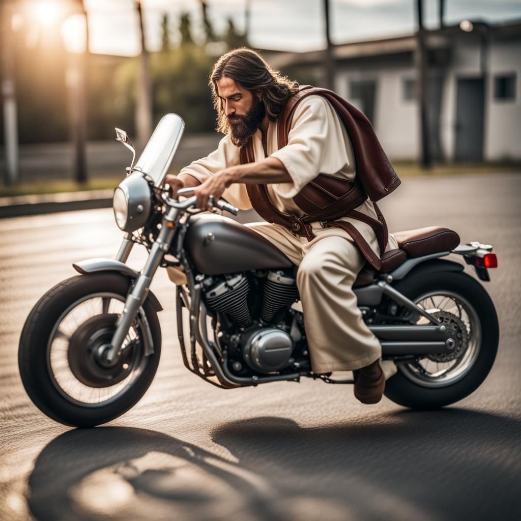 Jesus Motorcycle Wheelies: High-Resolution Photo